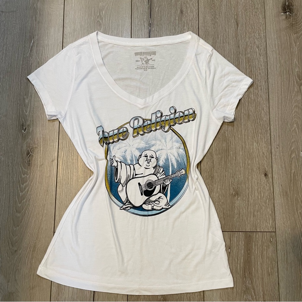 True Religion Women's White Buddha‎ Guitar V-Neck Graphic Tee Shirt Y2K Medium - Picture 3 of 7